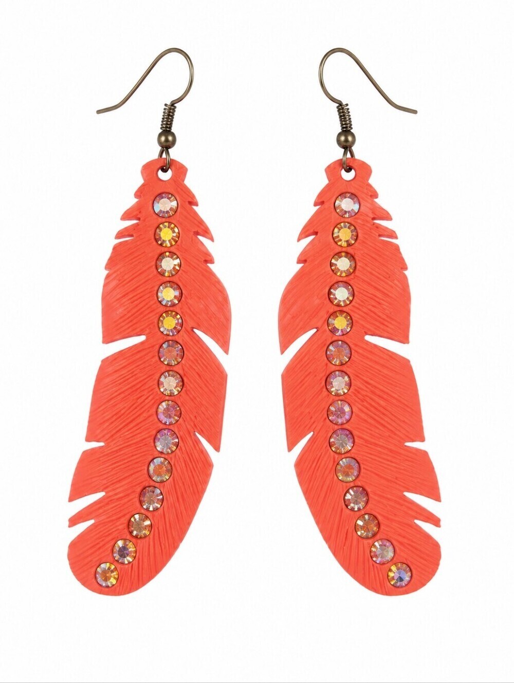 Vtg 1980s Neon Pink Aurora Borealis Rhinestones Metal Feather Festival Earrings